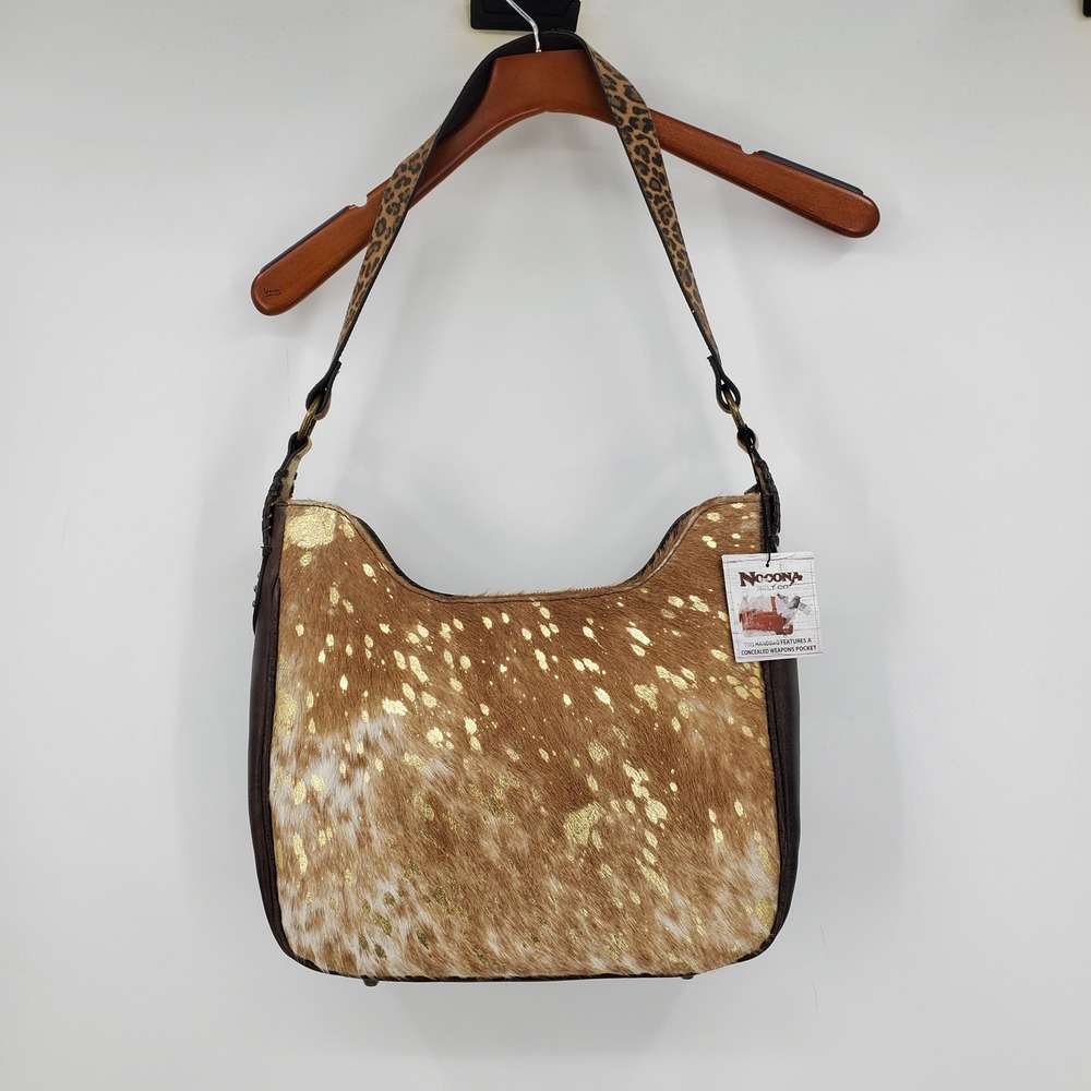 NWT Nocona Aspen Brown Leather Gold Metallic Cowhide Concealed Carry Bag Western